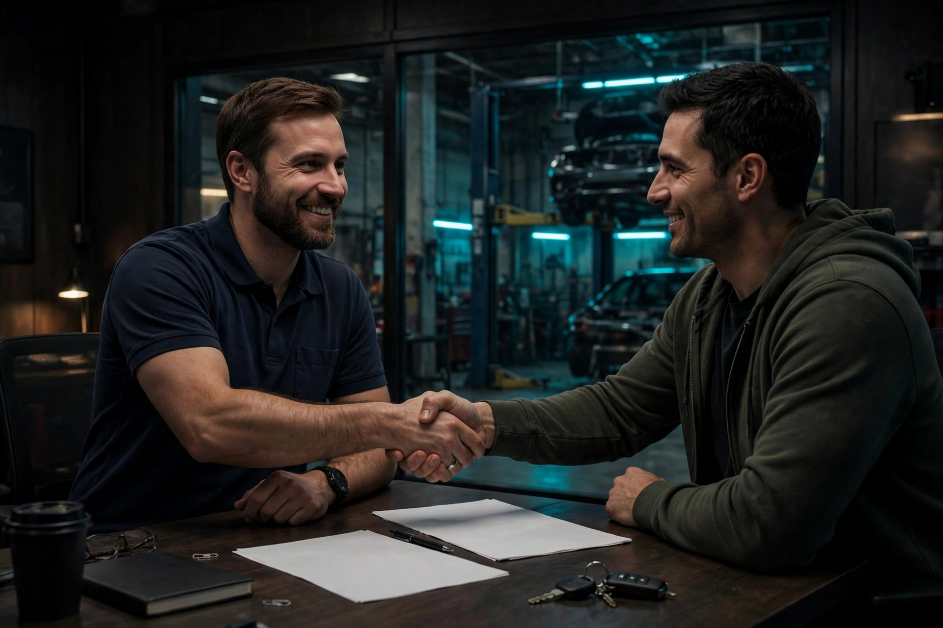 ENY Automotive advisor shaking hands with a customer while handling an insurance claim